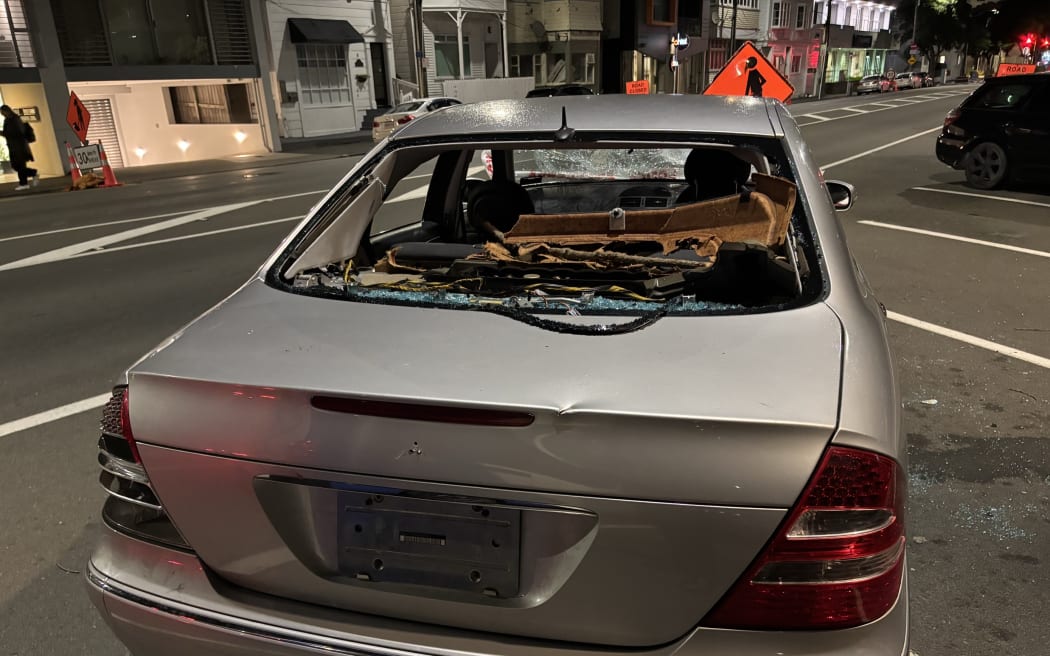 The smashed up sedan by Waitangi Park in central Wellington has been there for at least 36 hours.