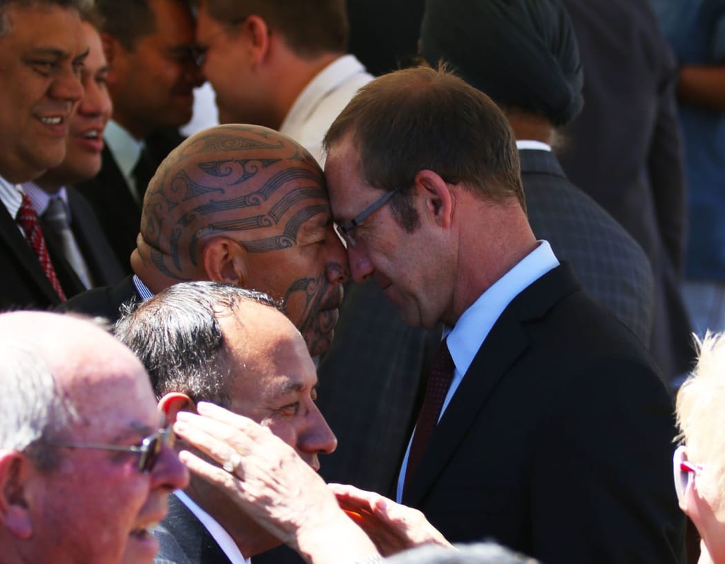 Labour leader Andrew Little (R) and Te Kahautu Maxwell at Ratana