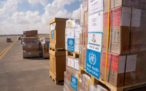 Aid supplies for Gaza provided by the World Health Organization (WHO) arrives at the Arish airport in Egypt’s north Sinai Peninsula on October 15, 2023.