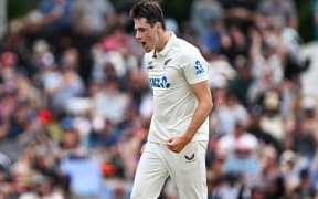Will O'Rourke of New Zealand celebrates his wicket of Ben Duckett of England on the second day of the first cricket test between New Zealand and England.
