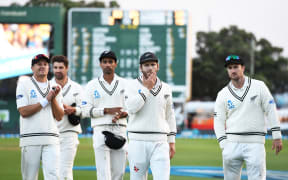 Kane Williamson leads his team from the field after defeat on Day 3 of the 2nd test match between New Zealand Black Caps and South Africa Proteas. International test match cricket in Wellington on 18 March 2017.