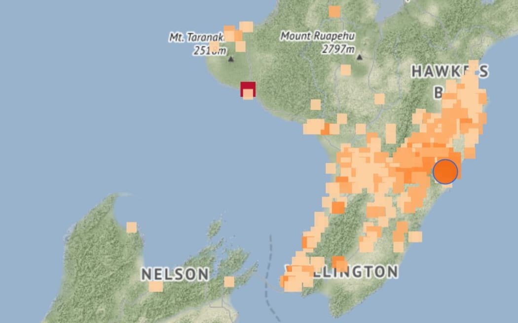 A screenshot of the Geonet map showing the earthquake felt reports.