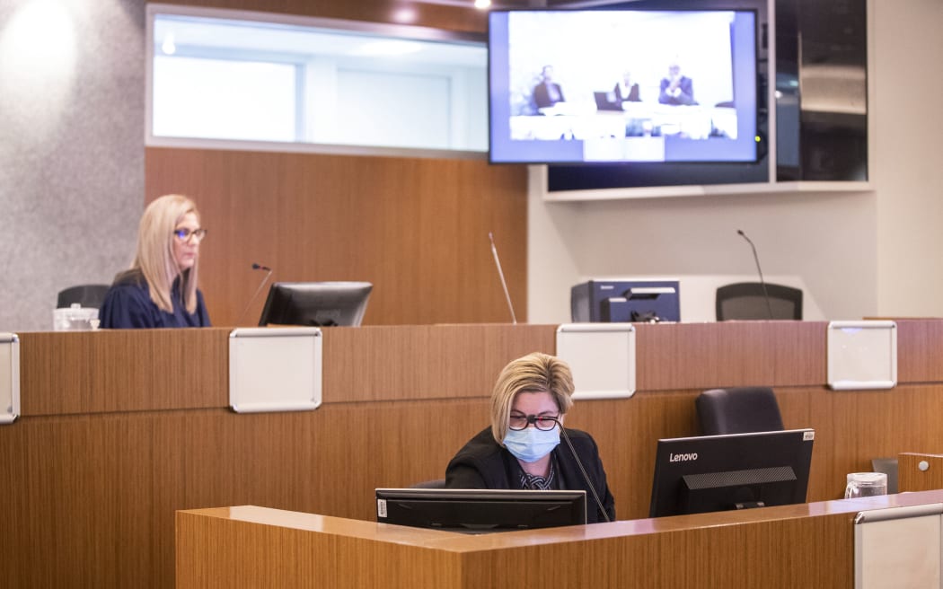 22/02/2022  POOL 
Masjid attacks scope hearing
@ Wellington District court 
Pictured: Coroner Brigitte Windley (back0,
Front: court taker - Nicola Marshall