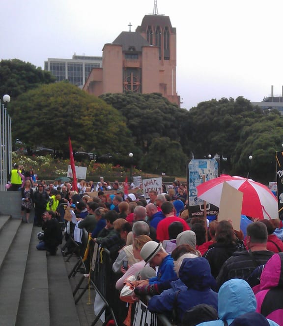 Families and teachers gathered at the steps of Parliament.