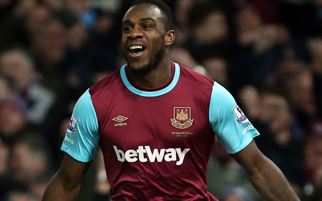Michail Antonio celebrates scoring a goal for West Ham.