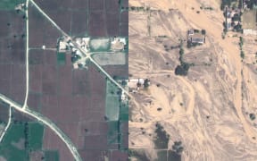 An area of farmland before flooding in Gudpur, Punjab Province, Pakistan on 4 April, 2022 (left) and after (right) on 30 August, 2022.