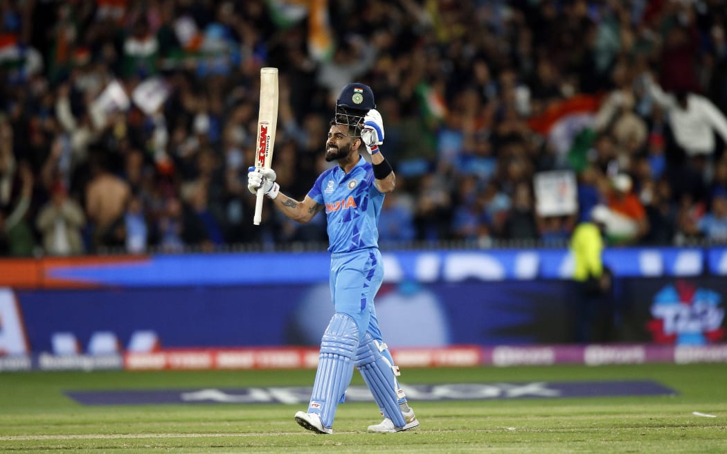 India's Virat Kohli exults after India's win over Pakistan during the ICC Men’s T20 World Cup between India and Pakistan at the Melbourne Cricket Ground (MCG) in Melbourne, Australia. Sunday 23 October 2022. Copyright Photo: Raghavan Venugopal / www.photosport.nz