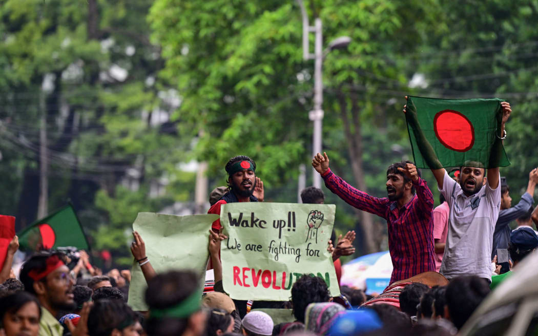 Anti-Discrimination Student Movement held a rally at Central Shaheed Minar in Dhaka on August 3, 2024, to demand justice for the victims killed in the recent countrywide violence during anti-quota protests. Student leaders rallied Bangladeshis on August 3 for a nationwide civil disobedience campaign as Prime Minister Sheikh Hasina's government weathered a worsening backlash over a deadly police crackdown on protesters. (Photo by Munir UZ ZAMAN / AFP)