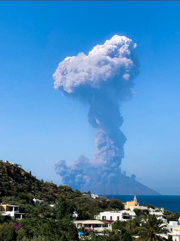 This handout photo obtained from the twitter account of @FionaCarter and taken from the nearby island of Panarea shows the Stromboli volcano in eruption on July 3, 2019.
