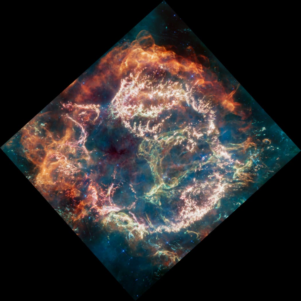 NASA published this image of Cassiopeia A, a supernova remnant, using data from Webb's Mid-Infrared Instrument.