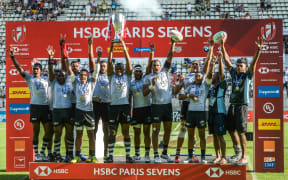 Fiji celebrate winning the Paris Sevens and the World Series title.