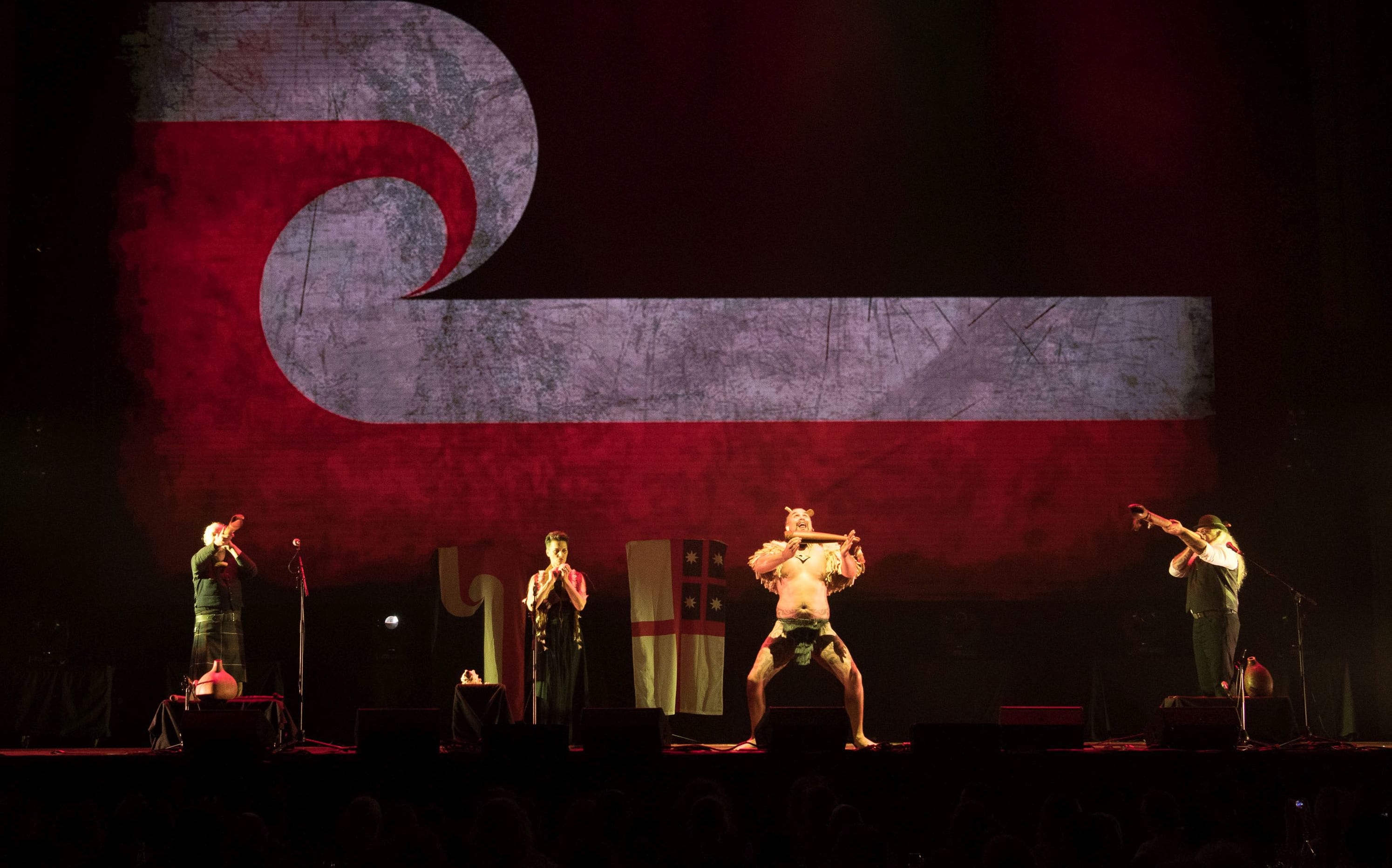 Alistair Fraser, Ariana Tikao, Horomona Horo and James Webster perform Raupatu at the SIlver Scrolls Dunedin 2017