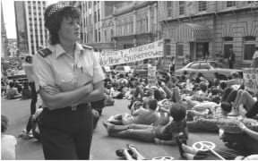 Anti-nuclear protesters outside the US consulate in Auckland, 1984