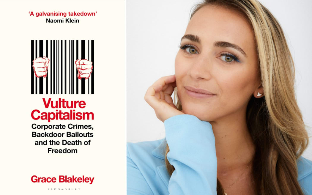 Grace Blakeley, author of Vulture Capitalism with her book cover.