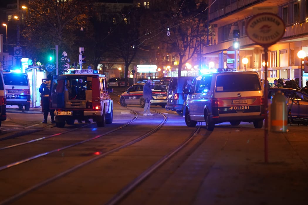 Police cars and ambulances in central Vienna on 2 November, 2020, following a shooting near a synagogue.