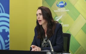 Prime Minister Jacinda Ardern speaks during the APEC Informal Leaders' Retreat at the Majestic Centre on 16 July 2021 in Wellington, New Zealand. As chair of APEC 2021, Ardern hosted the virtual meeting.