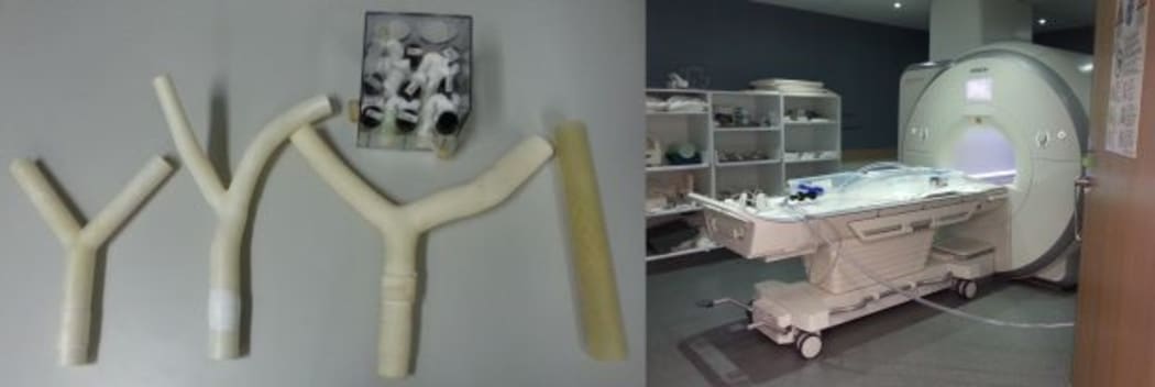 Photos of 3D-printed replicas of coronary arteries and the flow setup in the MRI