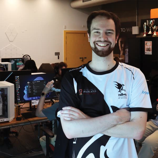 University of Waikato Esports coordinator Sam Johnson at a PC game room.
