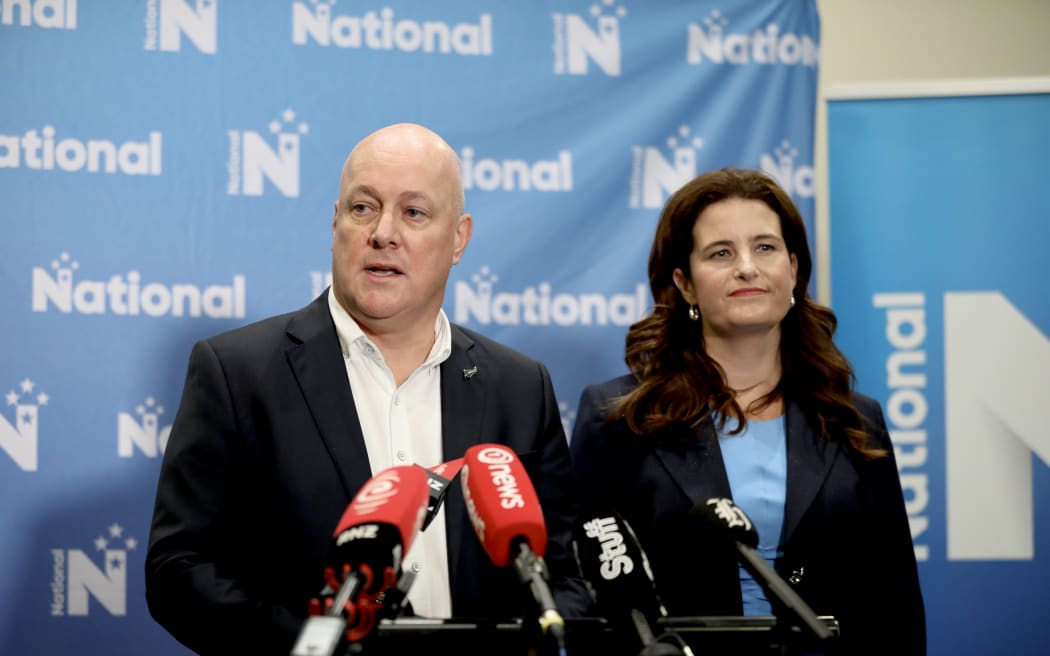 National leader Christopher Luxon speaks at the National Party caucus retreat in Hamilton alongside Nicola Willis
