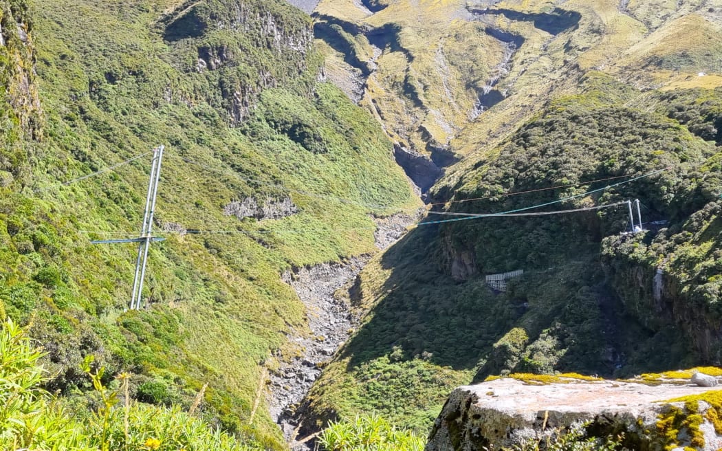 Bridge masts over the Manganui Gorge on Taranaki Maunga.