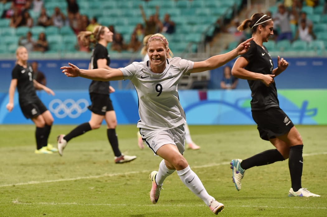 Eugenie Le Sommer of France celebrates her goal against New Zealand during the Rio Olympic Games.