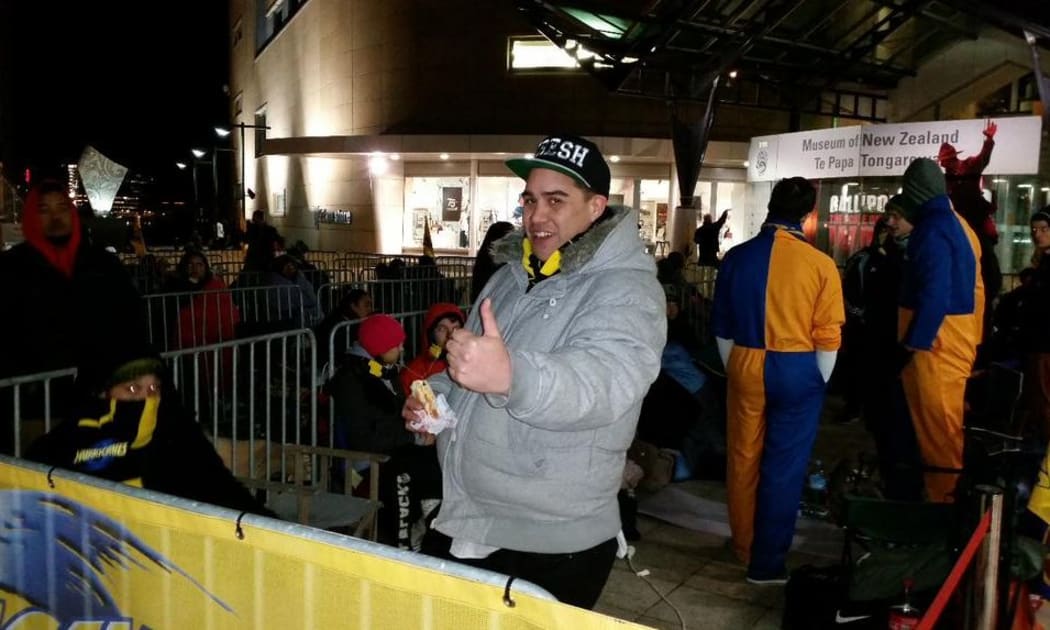 Hurricanes fan Whare Moke was first in line to grab a ticket to the final.