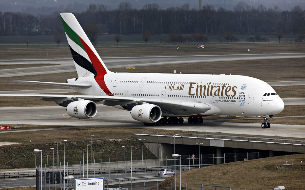 Emirates A380 800 Airbus taxing, Franz Josef Strauss Airport, Munich, Upper Bavaria, Germany, Europe.