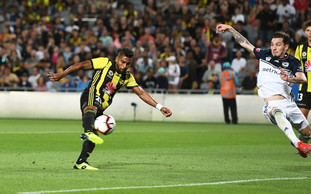 Wellington striker Roy Krishna scoring goal