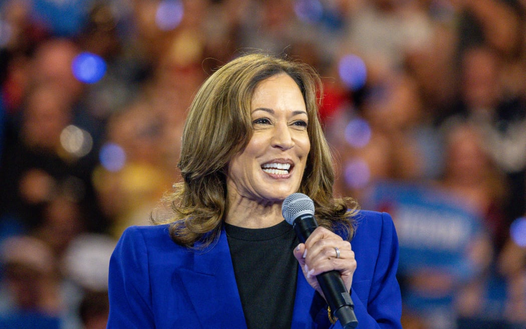 US Vice President Kamala Harris speaks during a campaign event at Fiserv Forum in Milwaukee, Wisconsin, US, on Tuesday, Aug. 20, 2024. (Photo by Brett Johnsen/NurPhoto) (Photo by Brett Johnsen / NurPhoto / NurPhoto via AFP)