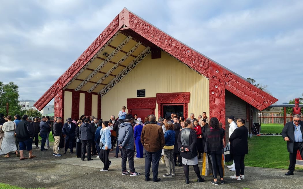 Members of Te Rūnanga Nui, the Waitangi Tribunal and the Ministry of Education being welcomed onto Hoani Waititi Marae.