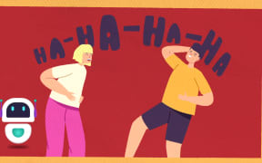 A cartoon of two people laughing with the words "a-ha-ha-ha" behind them.
