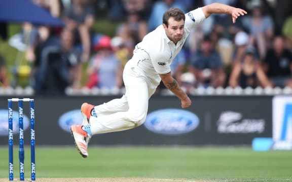 Black Caps bowler Doug Bracewell in full flight against Australia in the first test in Wellington.