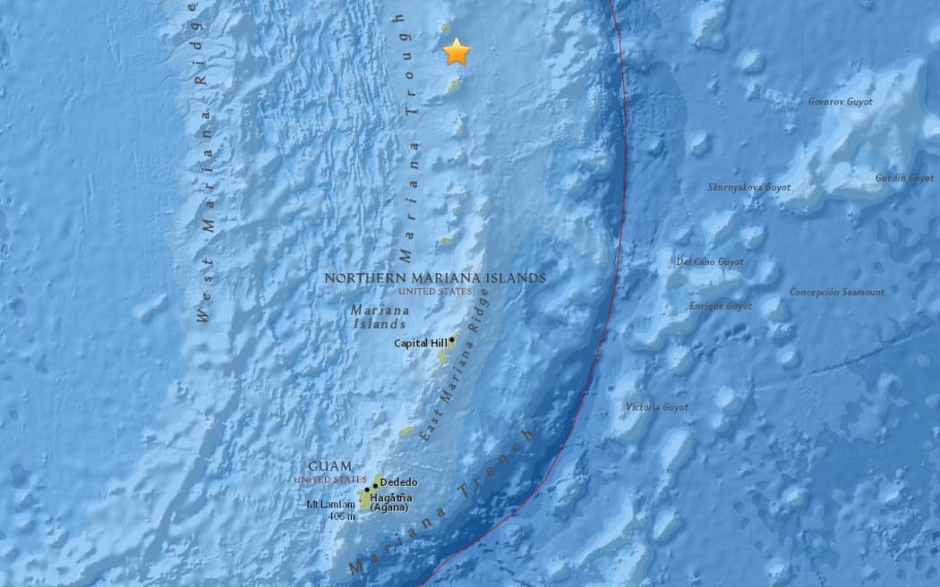 The epicentre of this morning's 7.7 earthquake in the Northern Marianas near the island of Agrihan, north of Saipan and Guam.