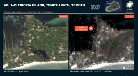 Before and after aerial images of affected agricultural area in the southern part of the island.