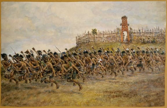 Robley's painting of a haka at Maketu