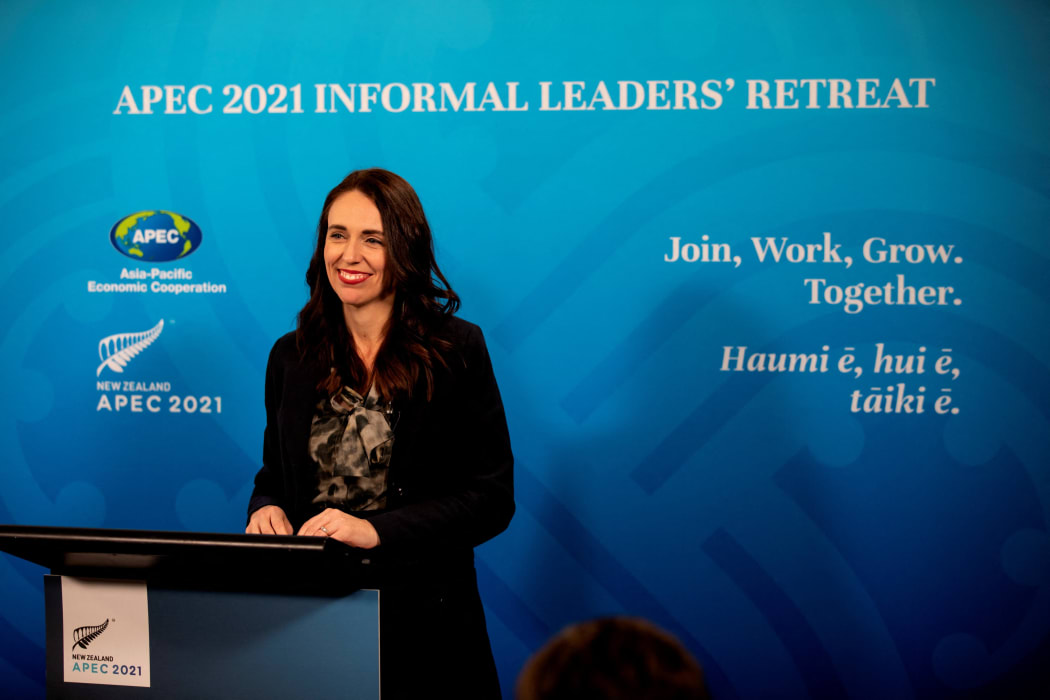 Prime Minister Jacinda Ardern speaks at a press conference after the APEC Informal Leaders' Retreat at the Majestic Centre in Wellington.