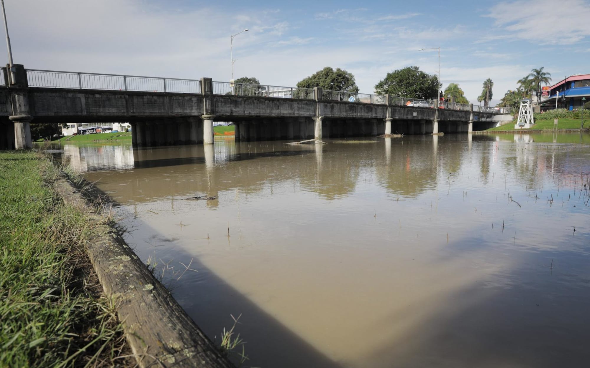 Taruheru river almost overflowing through Gisborne, 24 March 2022.