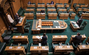 Speaker of the House Trevor Mallard at the first Question time and sitting of the House  in alert level 4 lockdown in the House of Representatives debating chamber.