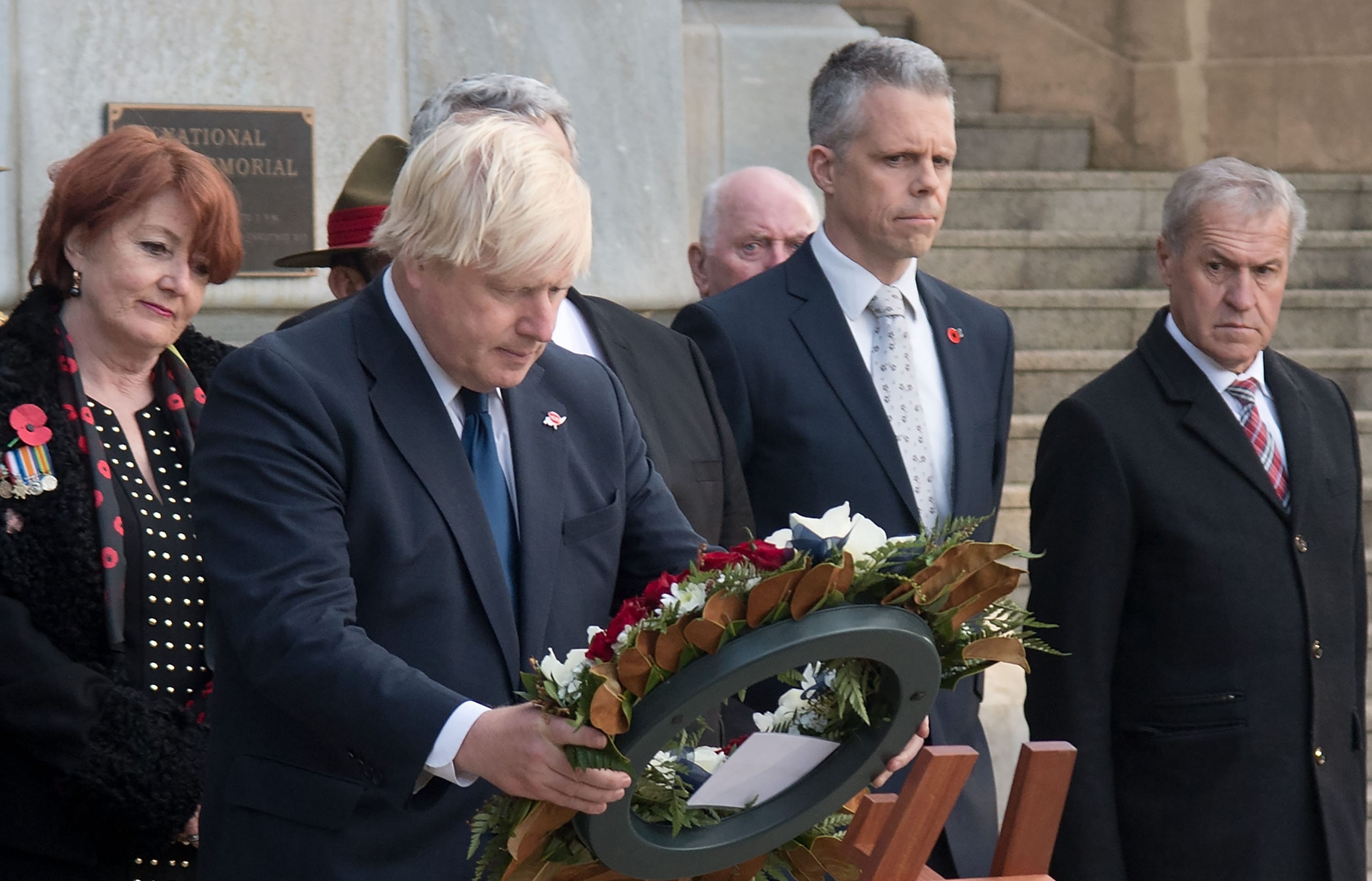 Boris Johnson at the Pukeahu war memorial in Wellington.