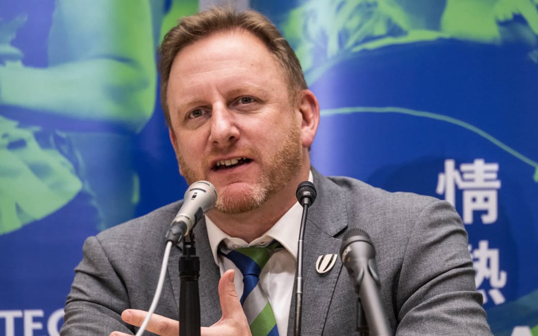 Chief Executive Officer of World Rugby organisation Alan Gilpin attends a press conference at New National Stadium in Tokyo on February 3, 2023. (Photo by Yuichi YAMAZAKI / AFP)