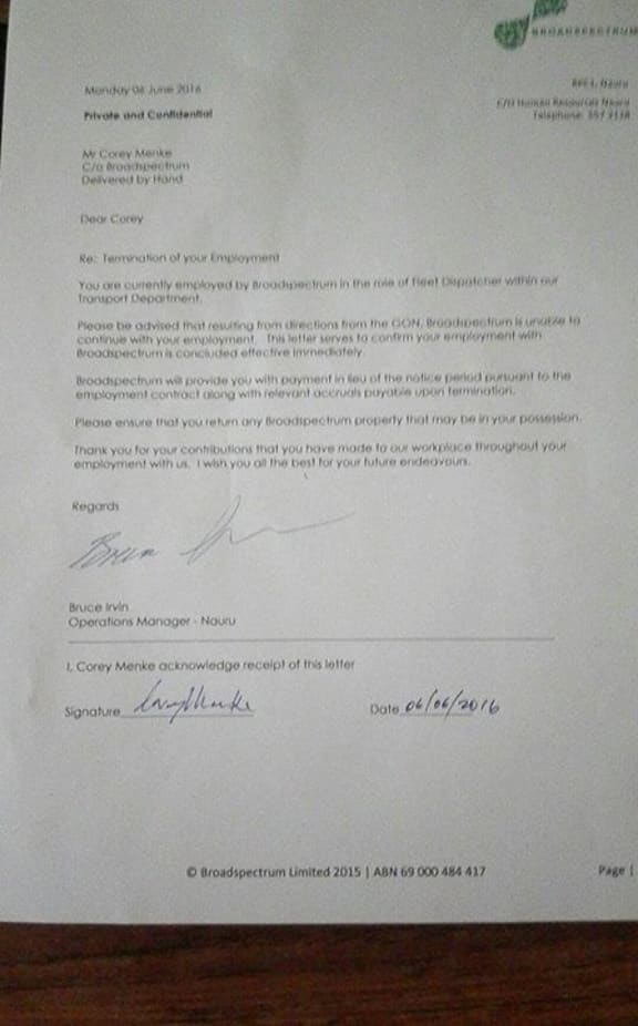 Letter by Broadspectrum, dismissing Nauru worker