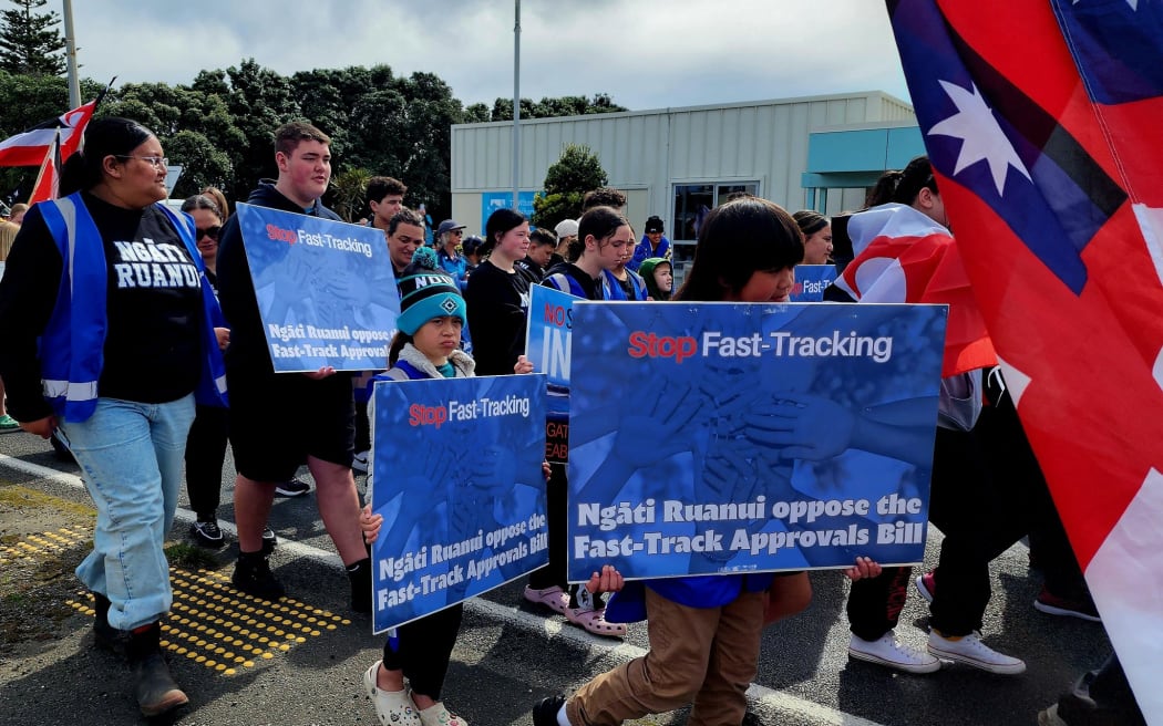 People marching through Patea in a hīkoi to oppose seabed mining, on 2 October, 2024.