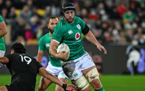 Ireland's Caelan Doris runs at the All Blacks.