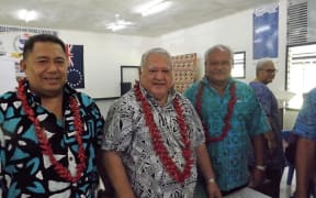 New MP for Faasaleleaga number 2, Namulau'ulu Sami Leota, on the left with Prime Minister and HRPP leader, Tuila'epa Sa'ilele Malielegaoi. On the right is unsucessful ruling party candidate, Papalii Li'o Ta'eu Masipa'u.