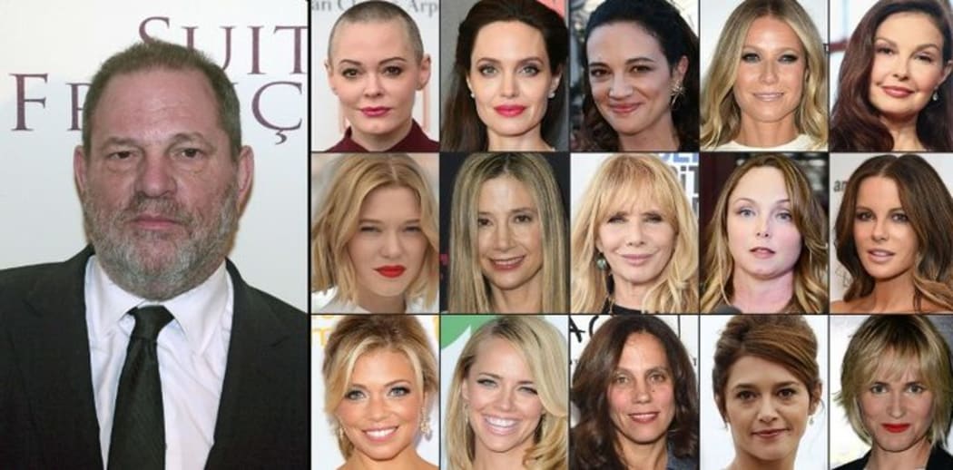 US producer Harvey Weinstein and his accusers. Top row from left: Rose McGowan, Angelina Jolie, Asia Argento, Gwyneth Paltrow, Ashley Judd, Lea Seydoux, Mira Sorvino, Rosanna Arquette, Louisette Geiss, Kate Beckinsale, Lauren Sivan, Jessica Barth, Elizabeth Karlsen, Emma De Caunes, Judith Godreche.
