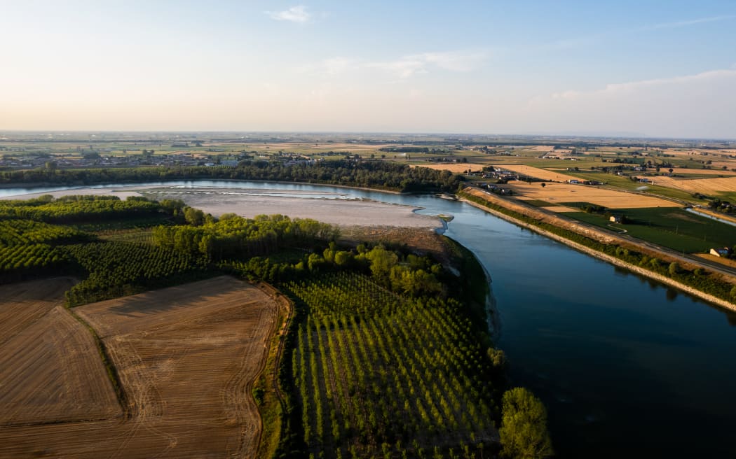 A drone view of the River Po, near Bergantino, Italy, on July 15, 2022. -Italy has declared a state of emergency in five northern regions amid the worst drought in 70 years.