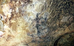 The Ōpihi Taniwha in - an ancient Māori rock drawing on the ceiling of a limestone cave in South Canterbury