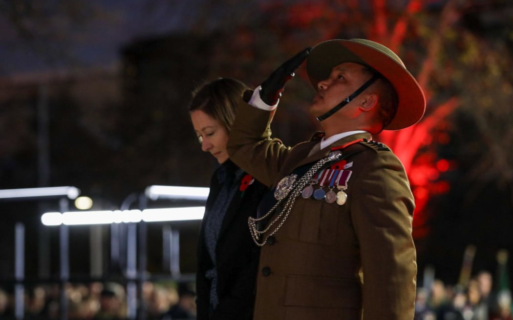 A saluting soldier at the dawn service in Christchurch