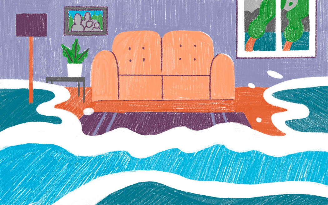 Stylised illustration of living room flooded with water