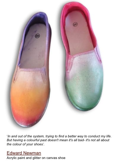 Shoes by the artist and prisoner Edward Newman.